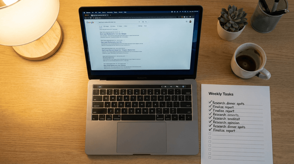 Clean desk with laptop showing search results and SEO checklist with checkmarks