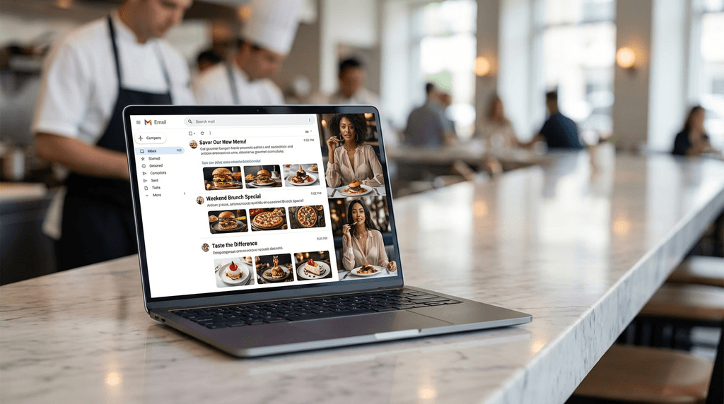 Laptop showing restaurant email marketing inbox with food promotional images