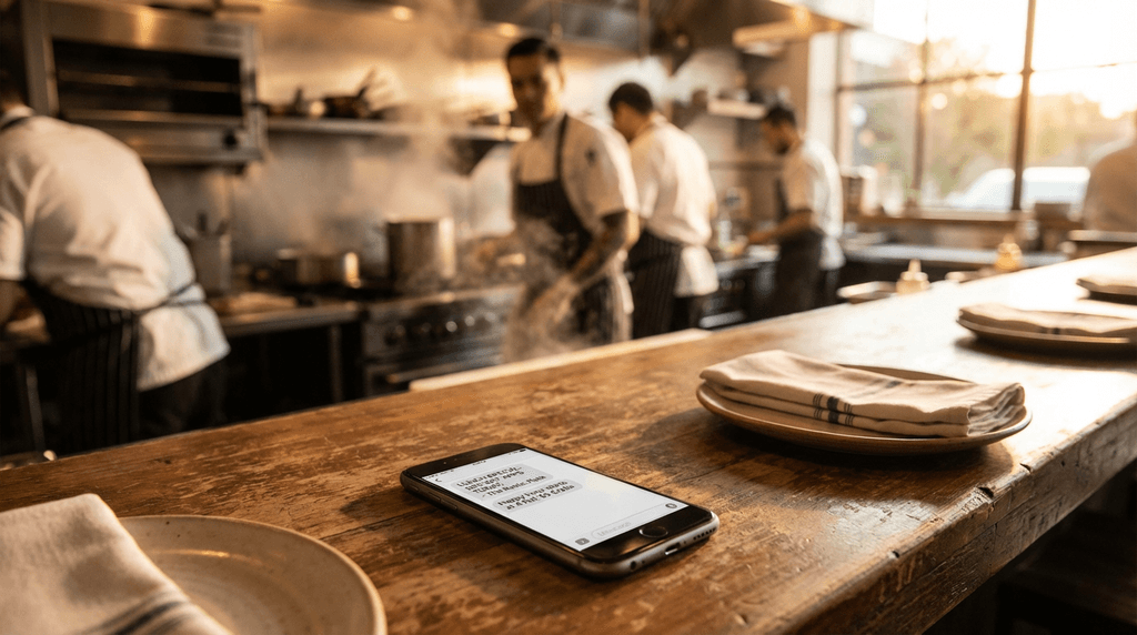 Smartphone on restaurant counter showing promotional text messages