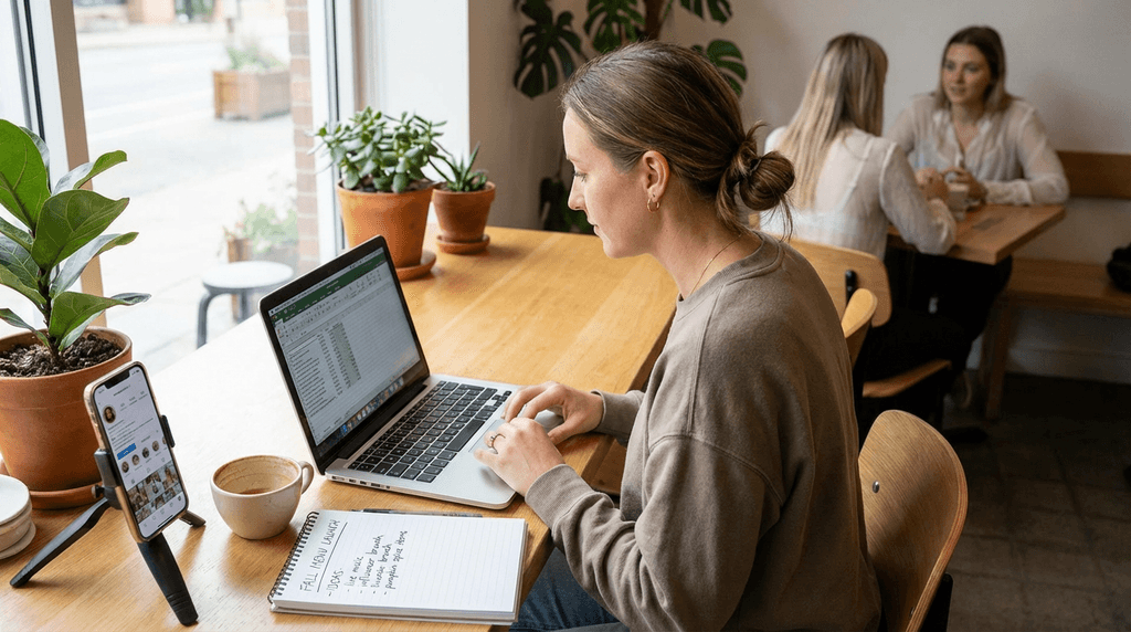 Restaurant owner brainstorming marketing ideas with laptop and notepad
