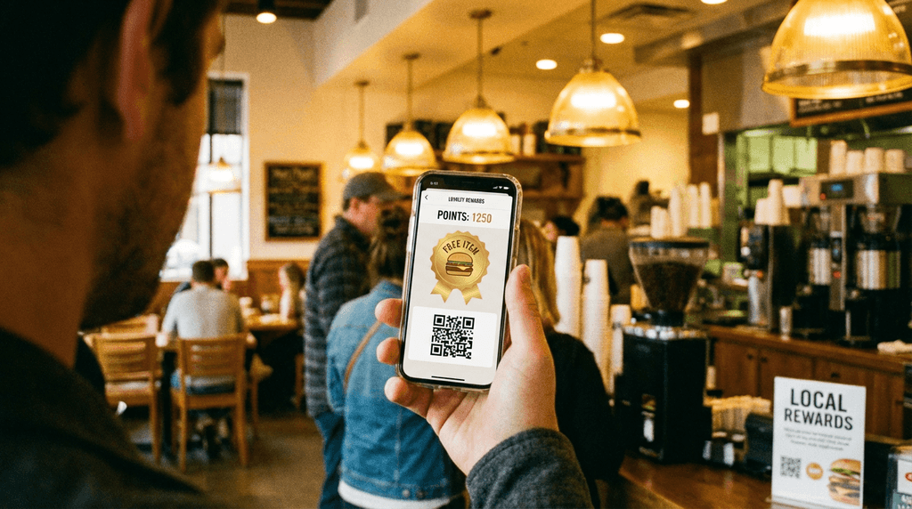 Customer holding phone showing restaurant loyalty rewards app in warm restaurant