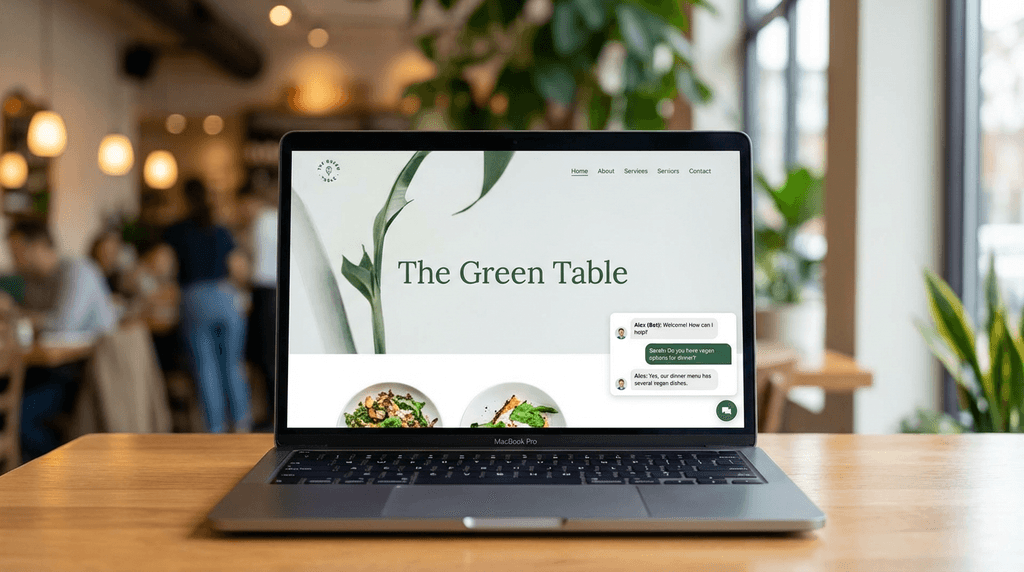 Restaurant website with AI chatbot widget on laptop in restaurant setting