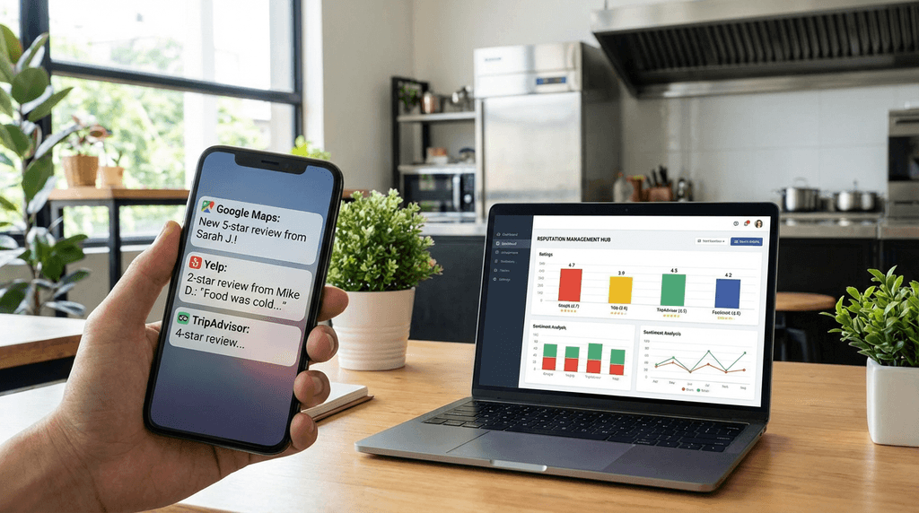 Restaurant reputation management dashboard showing review notifications and ratings