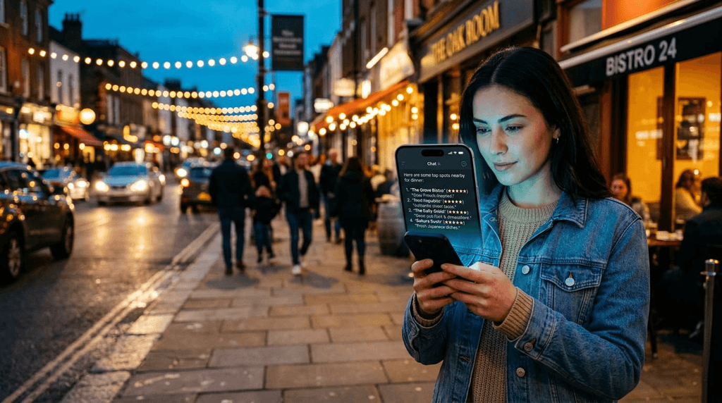 A diner asking an AI assistant on a phone where to eat, and the assistant naming local restaurants